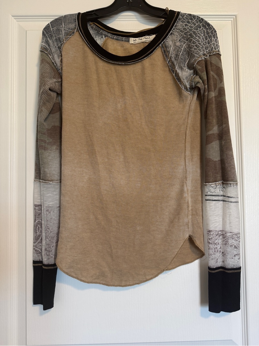 Vintage We The Free Mixed-Print Long Sleeve Top in Tan, Gray, Black